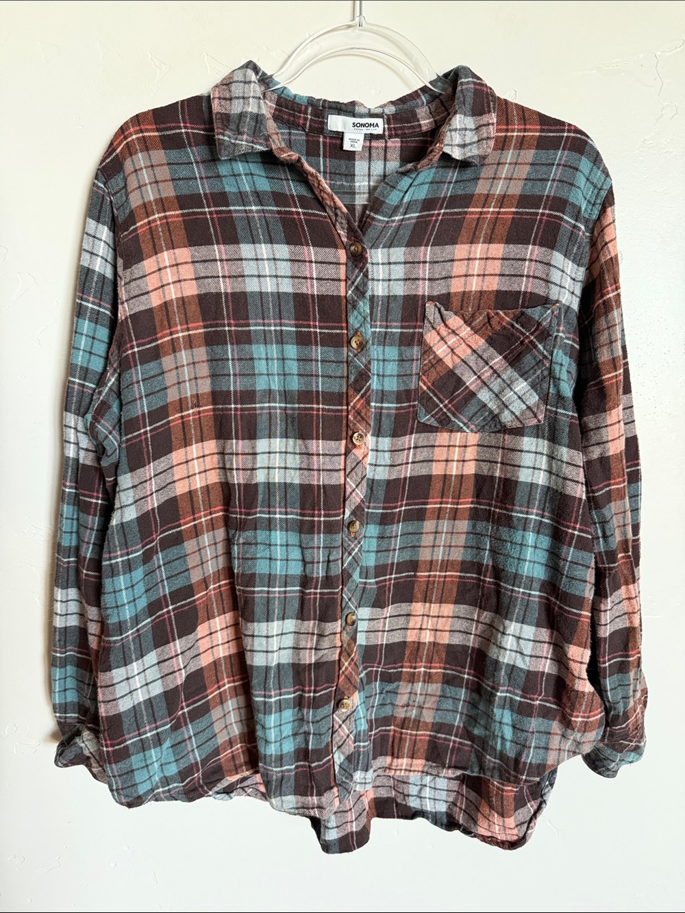 SONOMA Plaid Button-Down Shirt in Brown, Teal & Coral